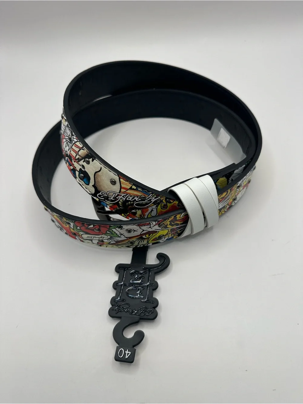 Ed Hardy Men's Graphic Print Tattoo Dress Belt Adjustable Buckle Multicolor 40